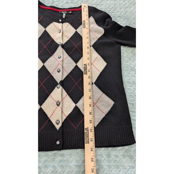 APT 9 Women Cardigan Sweater Sz Medium 100% Cashmere Black White Argyle Button - Picture 6 of 10